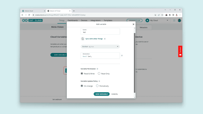 Arduino Cloud "Thing" variable setup