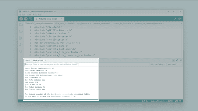 Serial Monitor instructions and current bootloader info