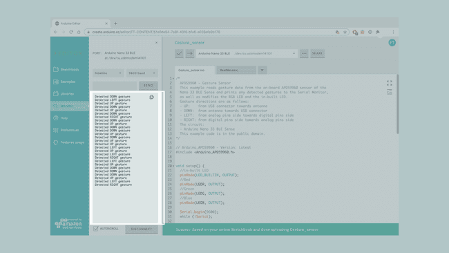 Gesture detections printed in the Serial Monitor.