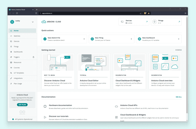 Arduino Cloud initial page