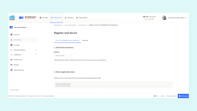 Registering an end device in TTN.