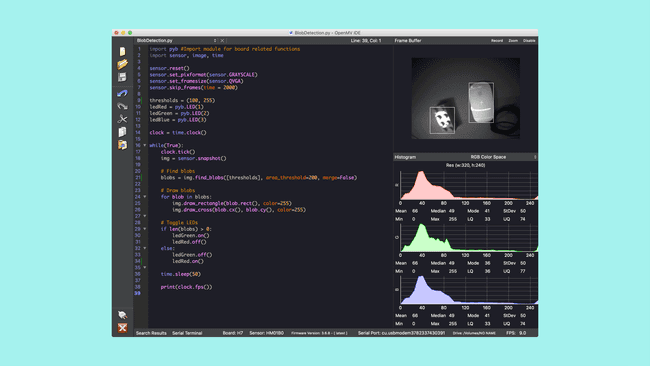 An example of a blob detection running in the OpenMV IDE