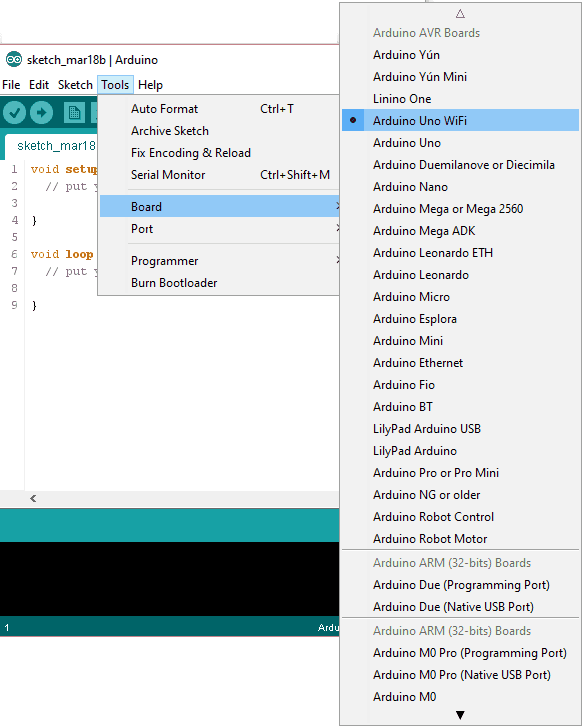 Arduino UNO WiFi board menu