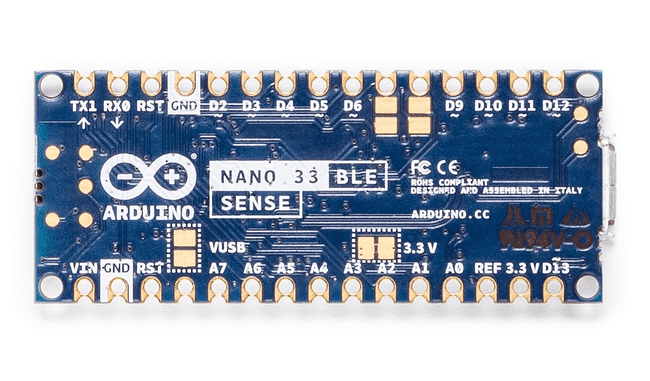 Arduino Nano 33 BLE Sense board is smaller than a stick of gum.