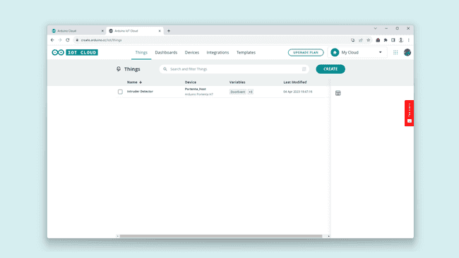 Arduino Cloud initial page