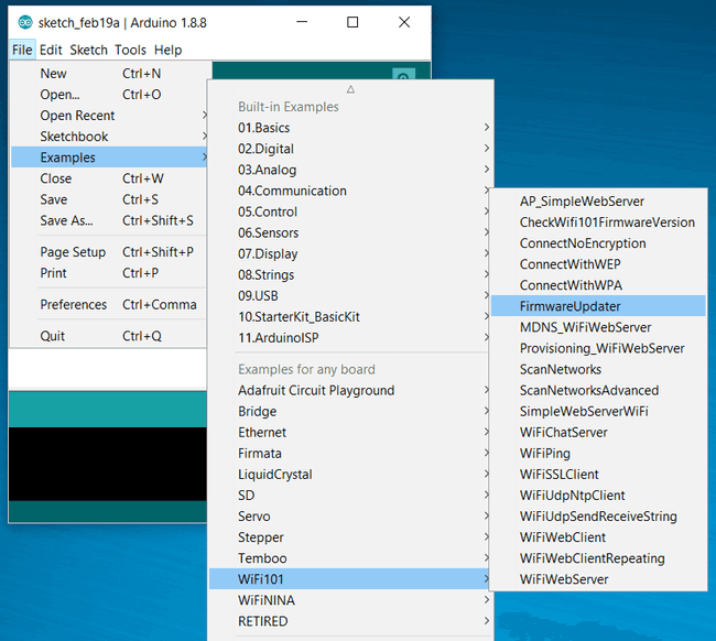 The "FirmwareUpdater" sketch is available in Examples -> WiFi101