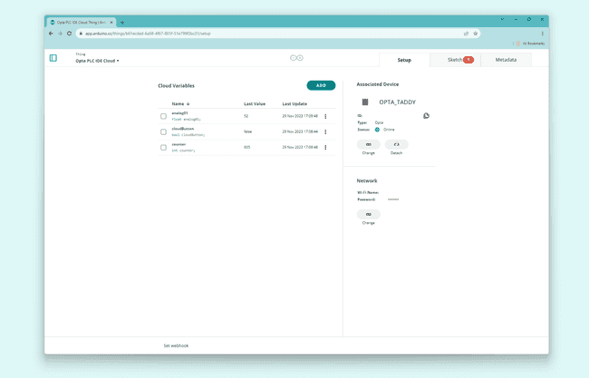 Arduino Cloud Thing and Cloud variables for Opta™