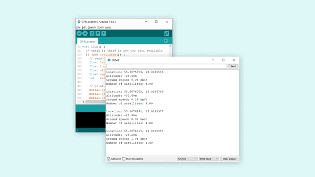 GPS data printed in the Serial Monitor.